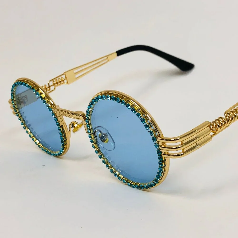 Men Women Sunglasses Blue Lens Fashion Diamond Retro‎ Classic Rhine Stone Gold